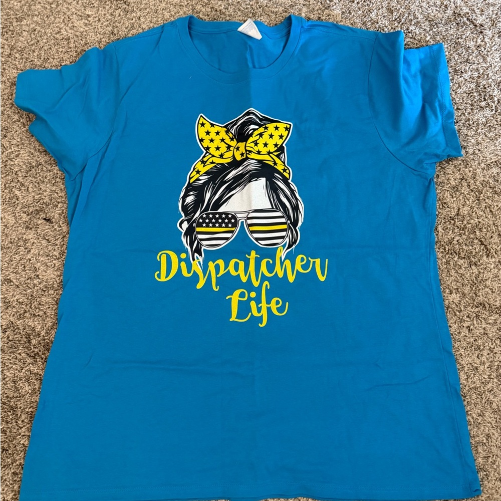 Port and Company Bright Blue "Dispatcher Life" Tee with Yellow Graphic